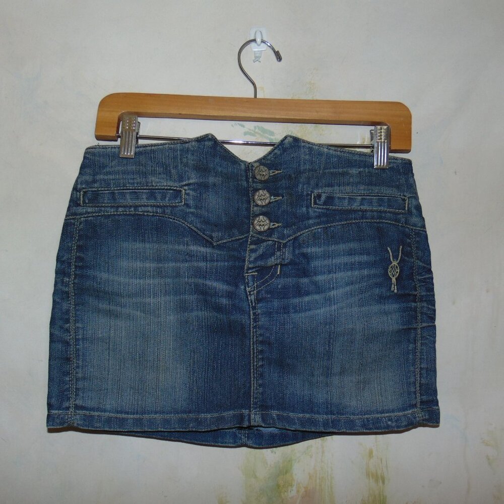 Christian Weber Designer Y2K Distressed Mini Skirt Denim Blue Jean Buttons sz 8